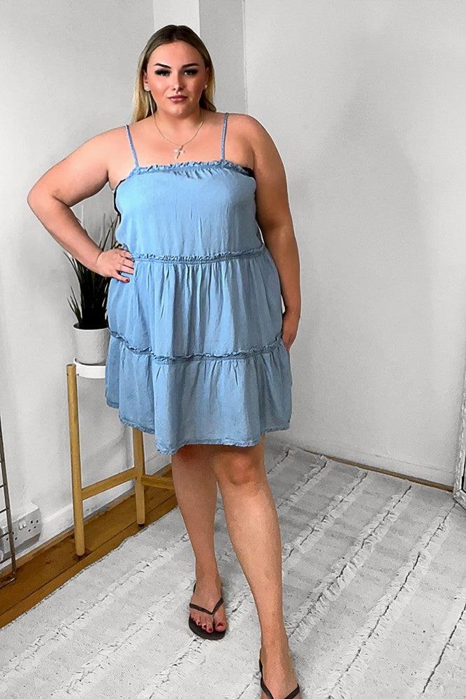 Lightweight Denim Strappy Tiered Dress-SinglePrice
