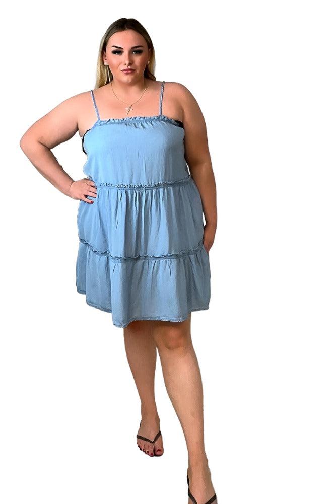 Lightweight Strappy Tiered Denim Dress