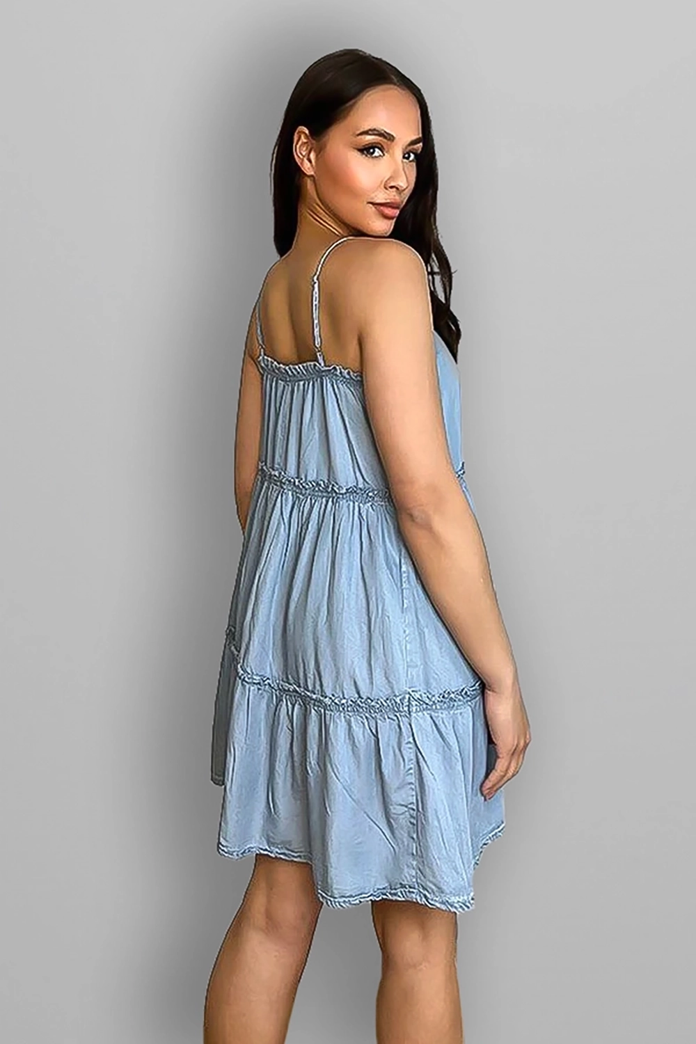 Lightweight Strappy Tiered Denim Dress