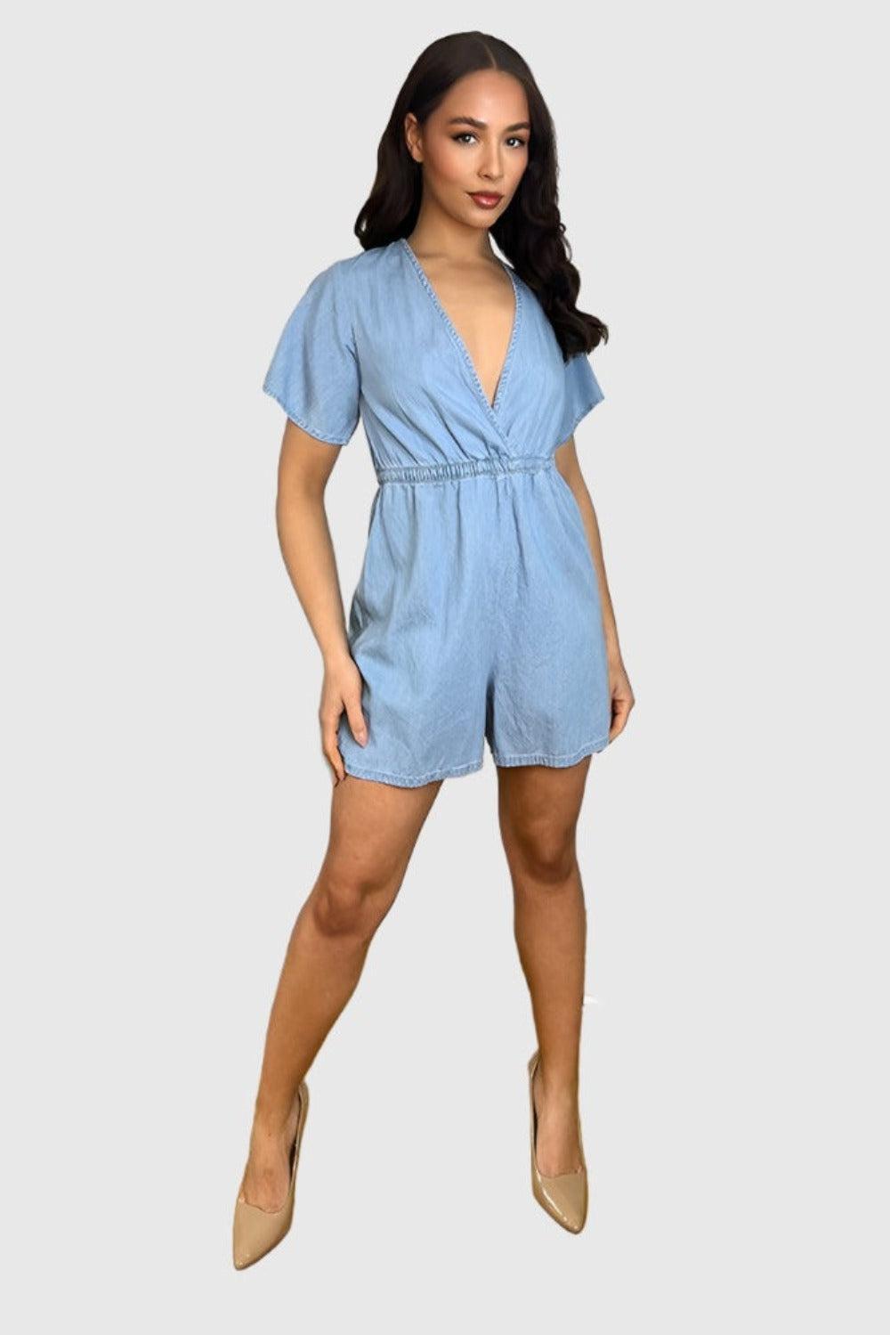 Bleached Denim V-Neck Elastic Waist Playsuit-SinglePrice