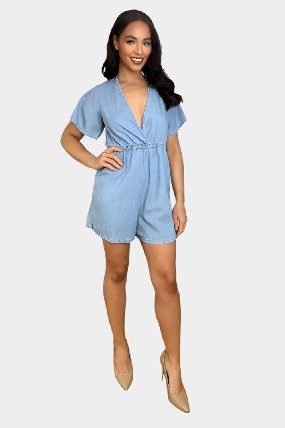 Bleached Denim V-Neck Elastic Waist Playsuit-SinglePrice