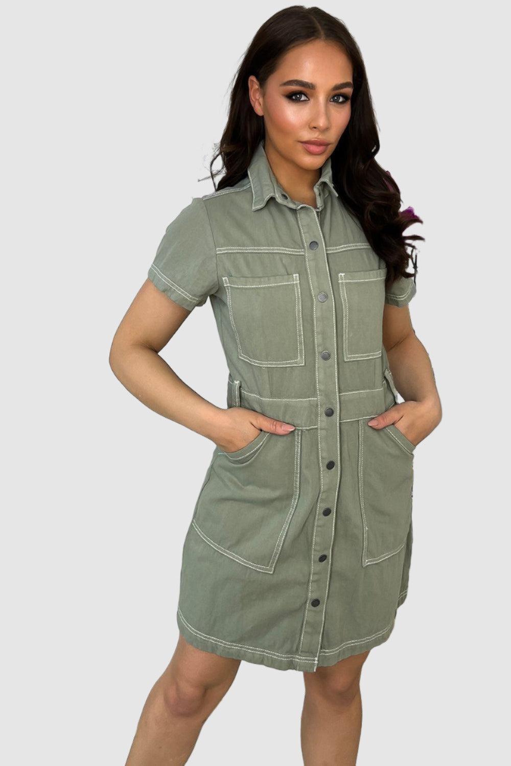 Popper Buttons Front Light Denim Dress-SinglePrice