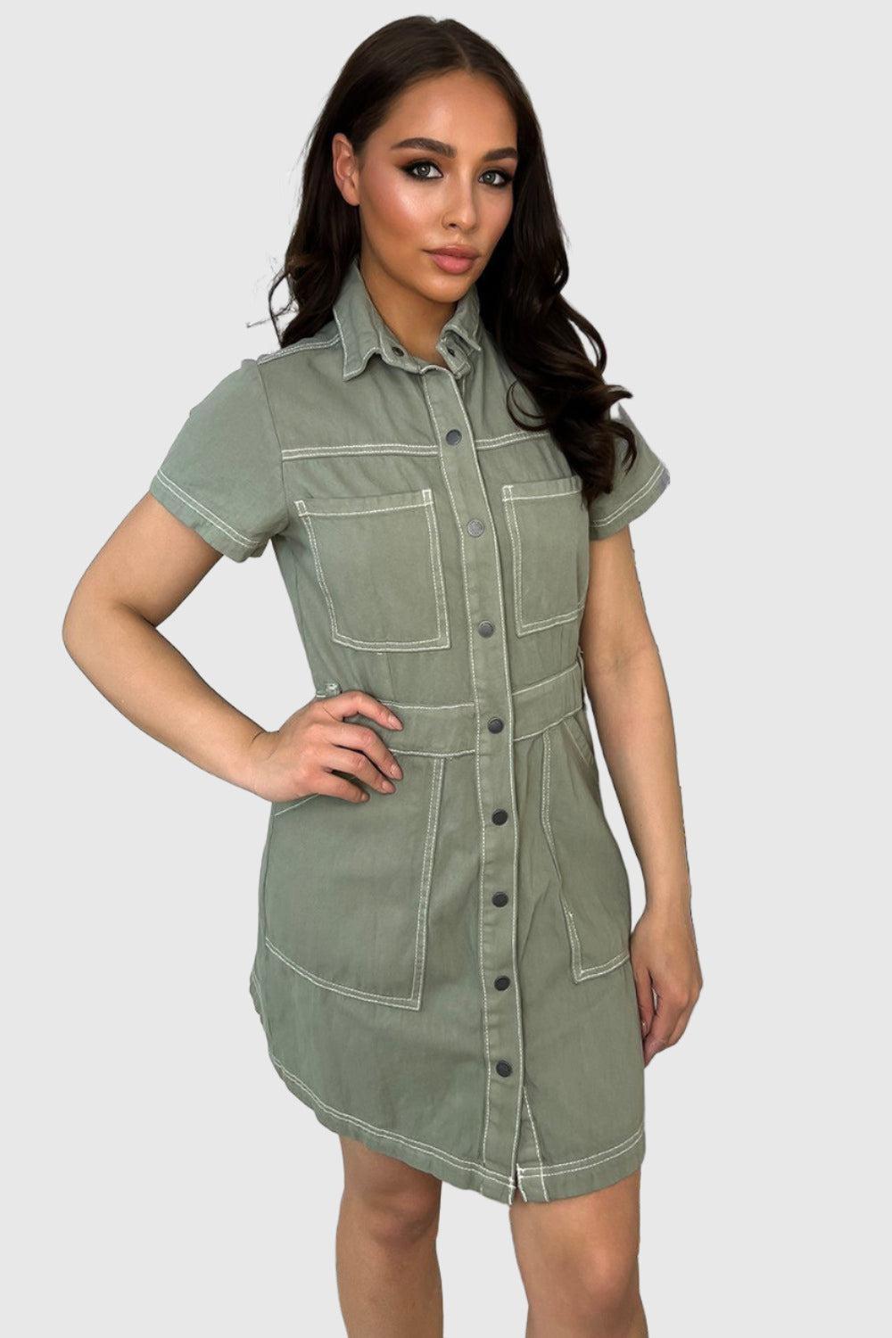 Popper Buttons Front Light Denim Dress-SinglePrice