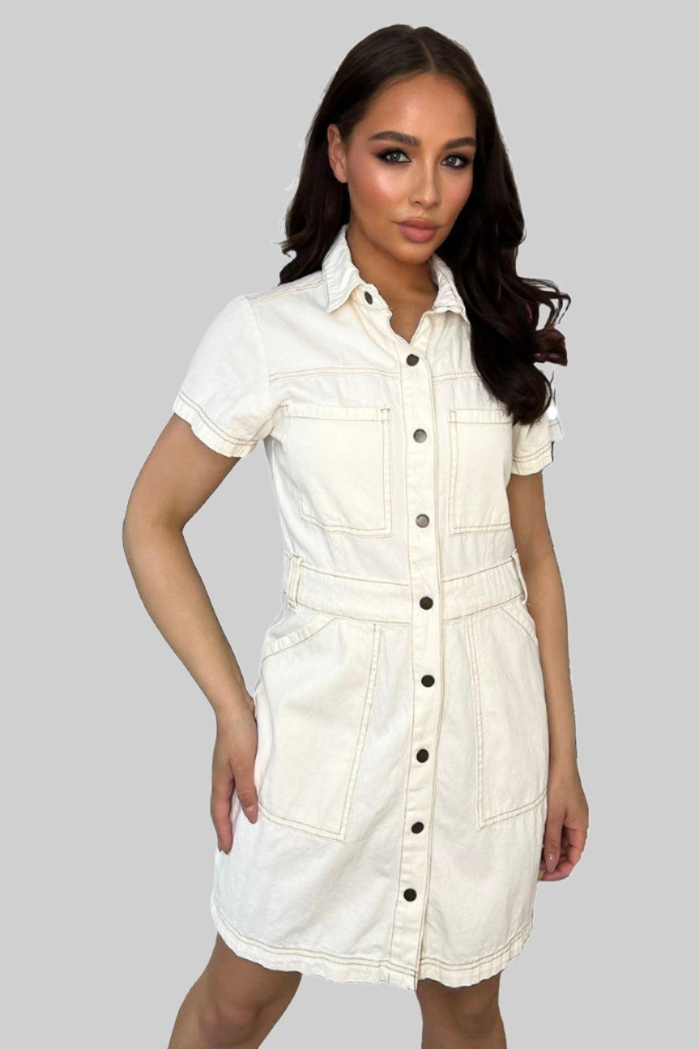 Popper Buttons Front Light Denim Dress-SinglePrice