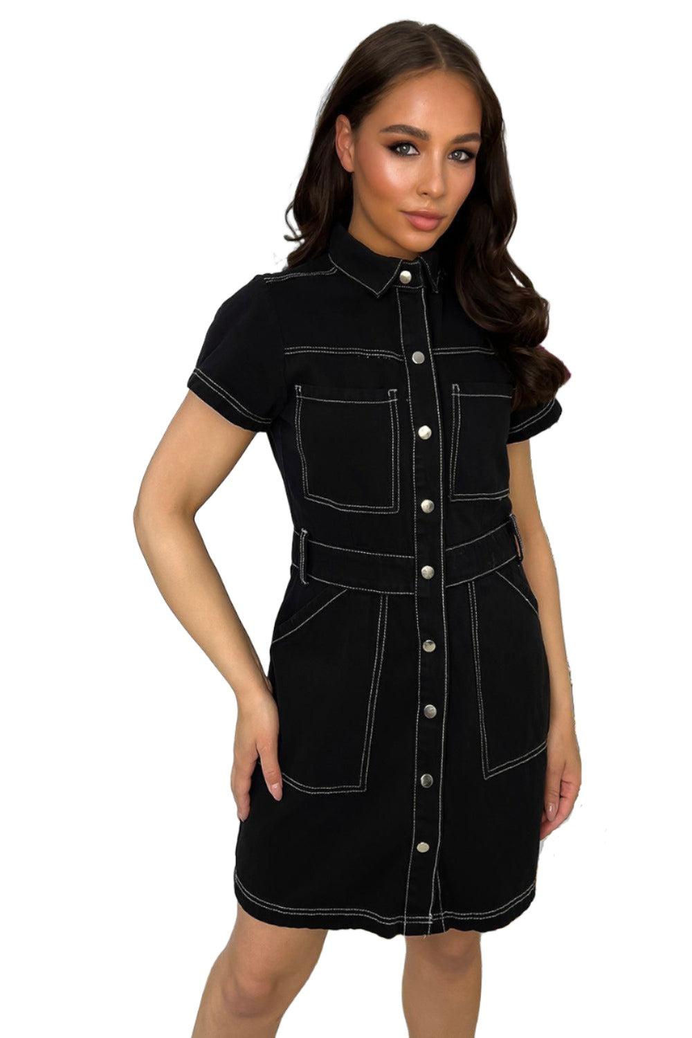Popper Buttons Front Light Denim Dress-SinglePrice