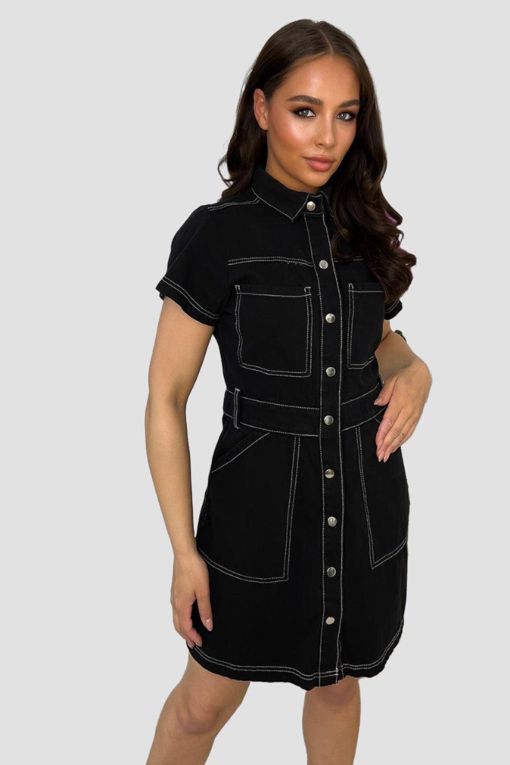 Popper Buttons Front Light Denim Dress-SinglePrice