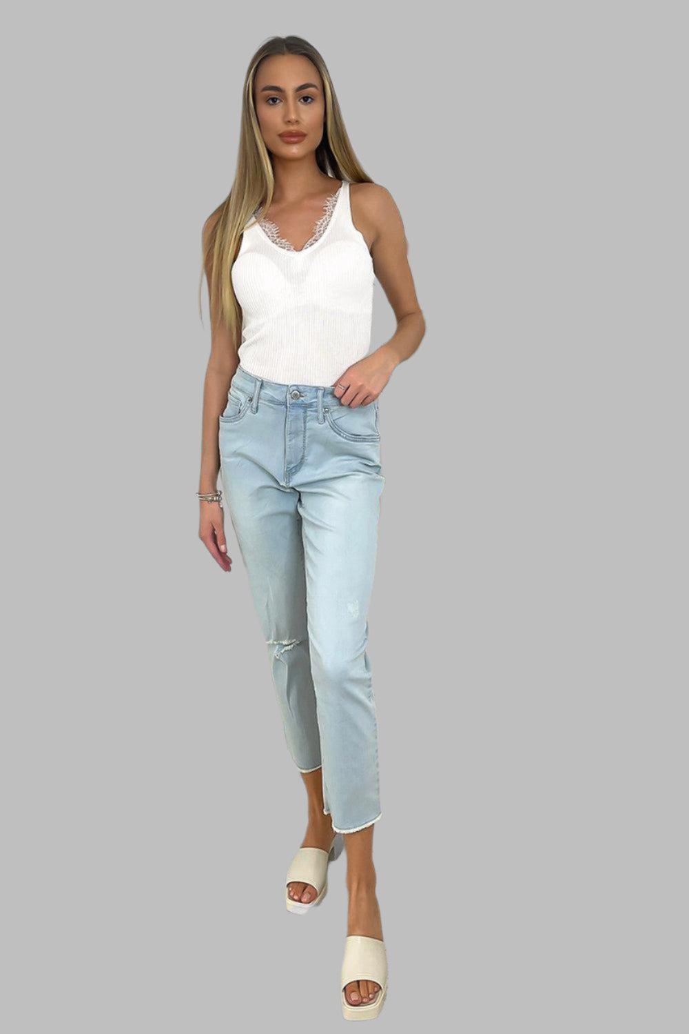 Sky Blue Raw Cropped Hem Jeans-SinglePrice