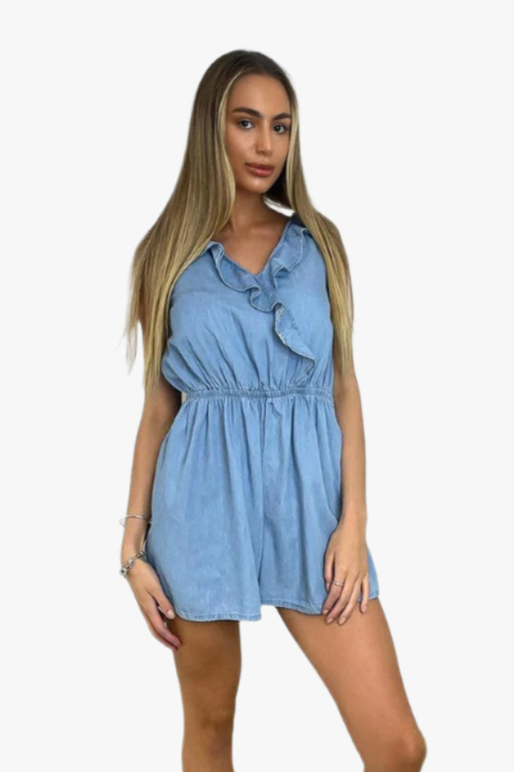 Sky Blue Frilled Sleeveless Playsuit-SinglePrice