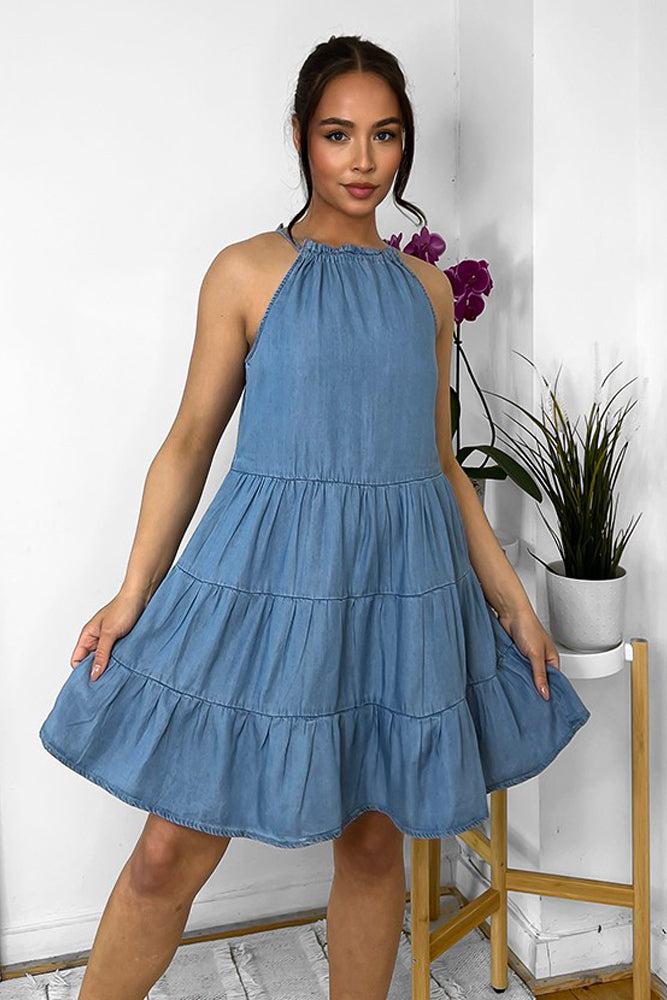 Sky Blue Drawstring Neckline Tiered Denim Sleeveless Dress-SinglePrice