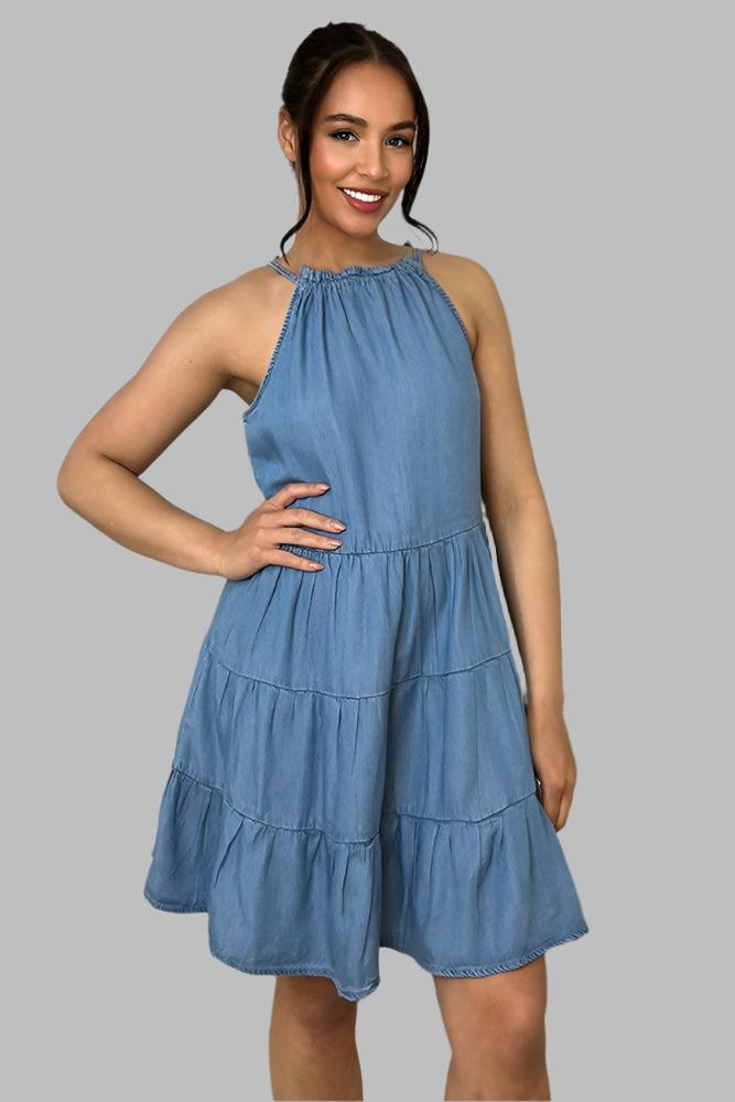 Sky Blue Drawstring Neckline Tiered Denim Sleeveless Dress-SinglePrice