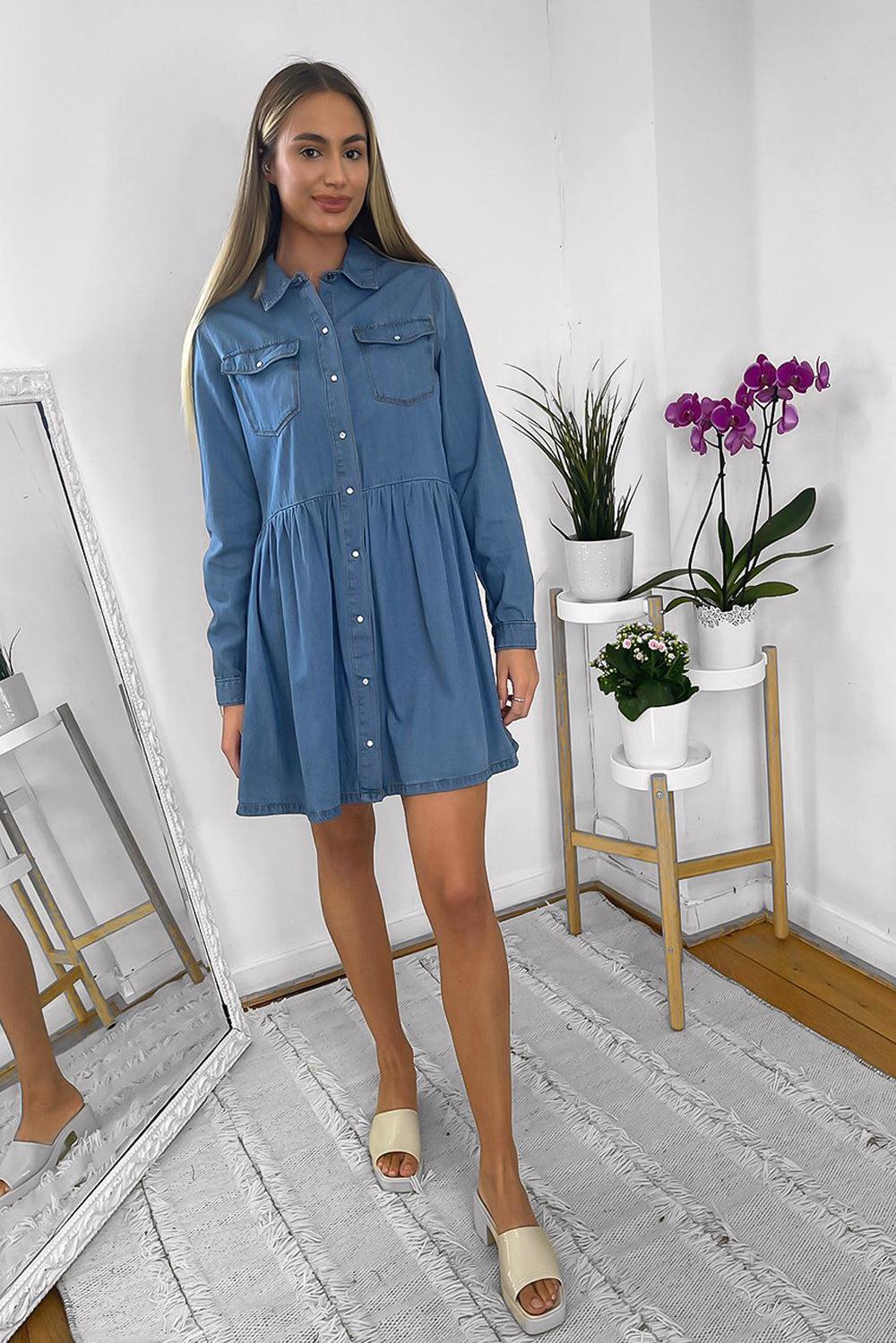 Denim Blue Pearl Buttons Frill Hen Denim Shirt Dress-SinglePrice