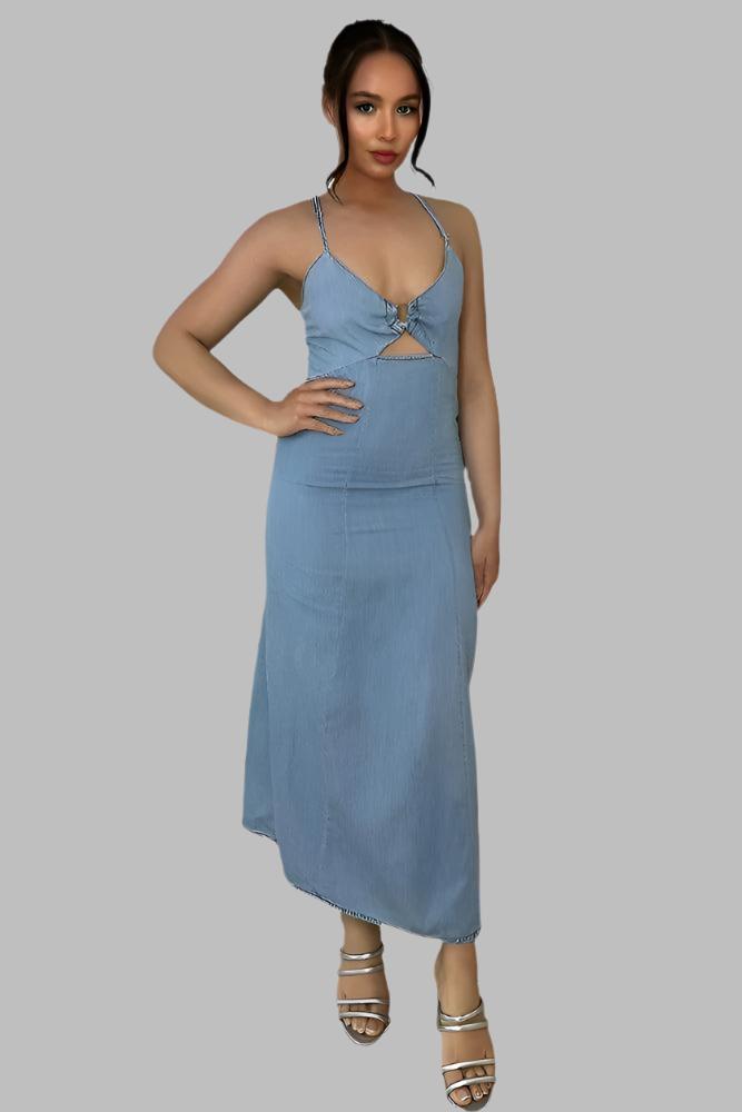 Blue Denim Strappy Peek-a-boo Midi Dress-SinglePrice