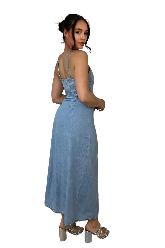 Blue Denim Strappy Peek-a-boo Midi Dress-SinglePrice