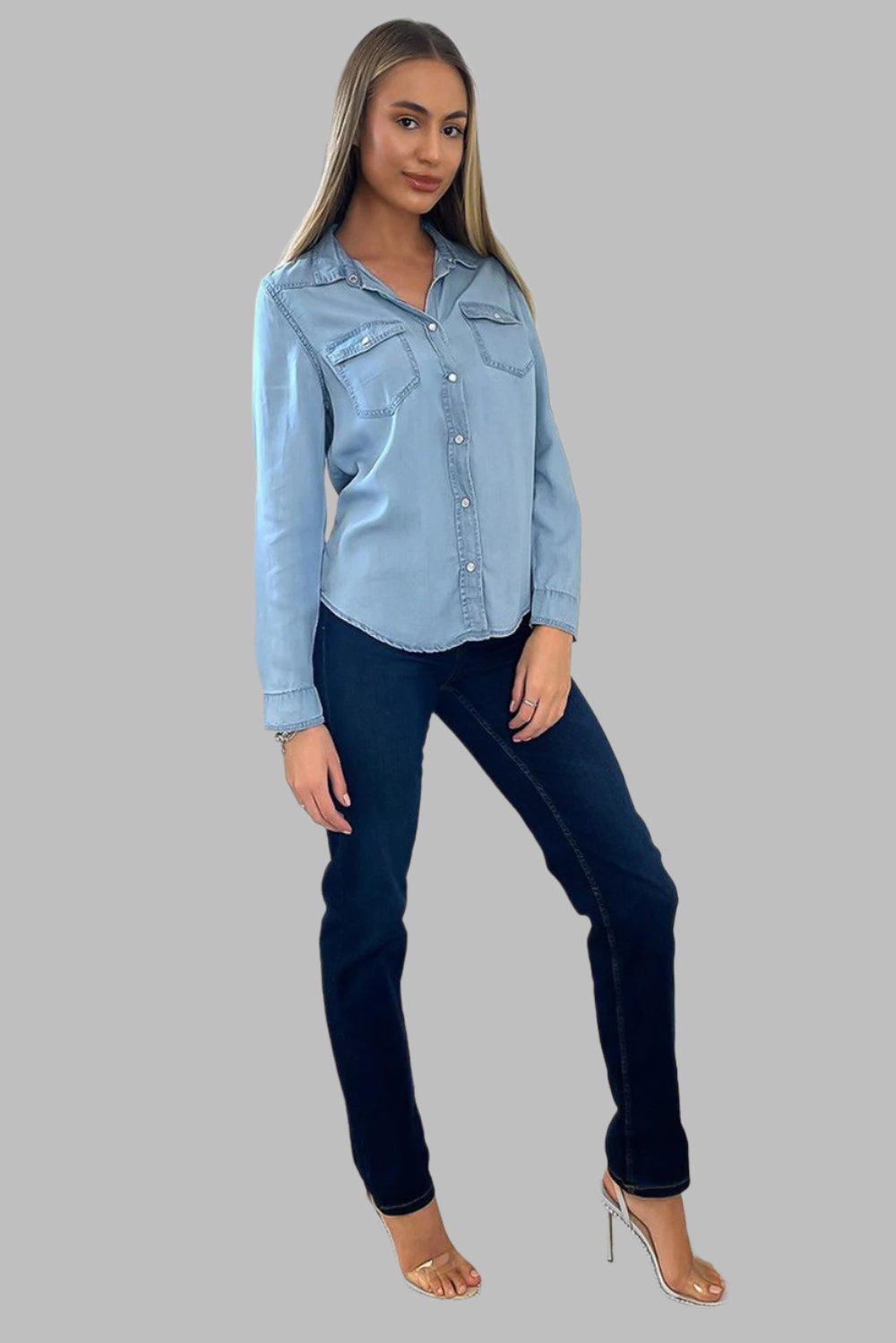 Pearl Popper Buttons Denim Shirt-SinglePrice