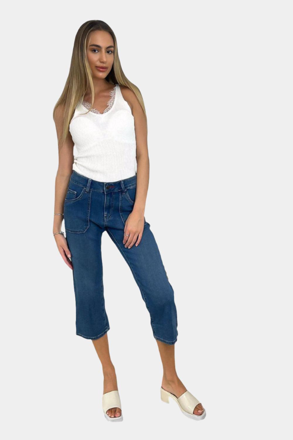 Contrast Stitch Large Pockets Cropped Jeans-SinglePrice