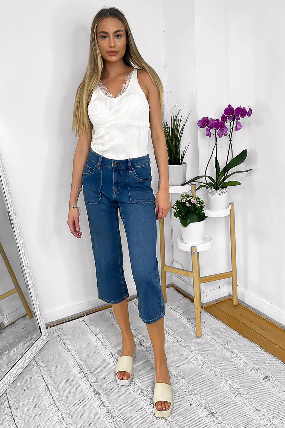Contrast Stitch Large Pockets Cropped Jeans-SinglePrice