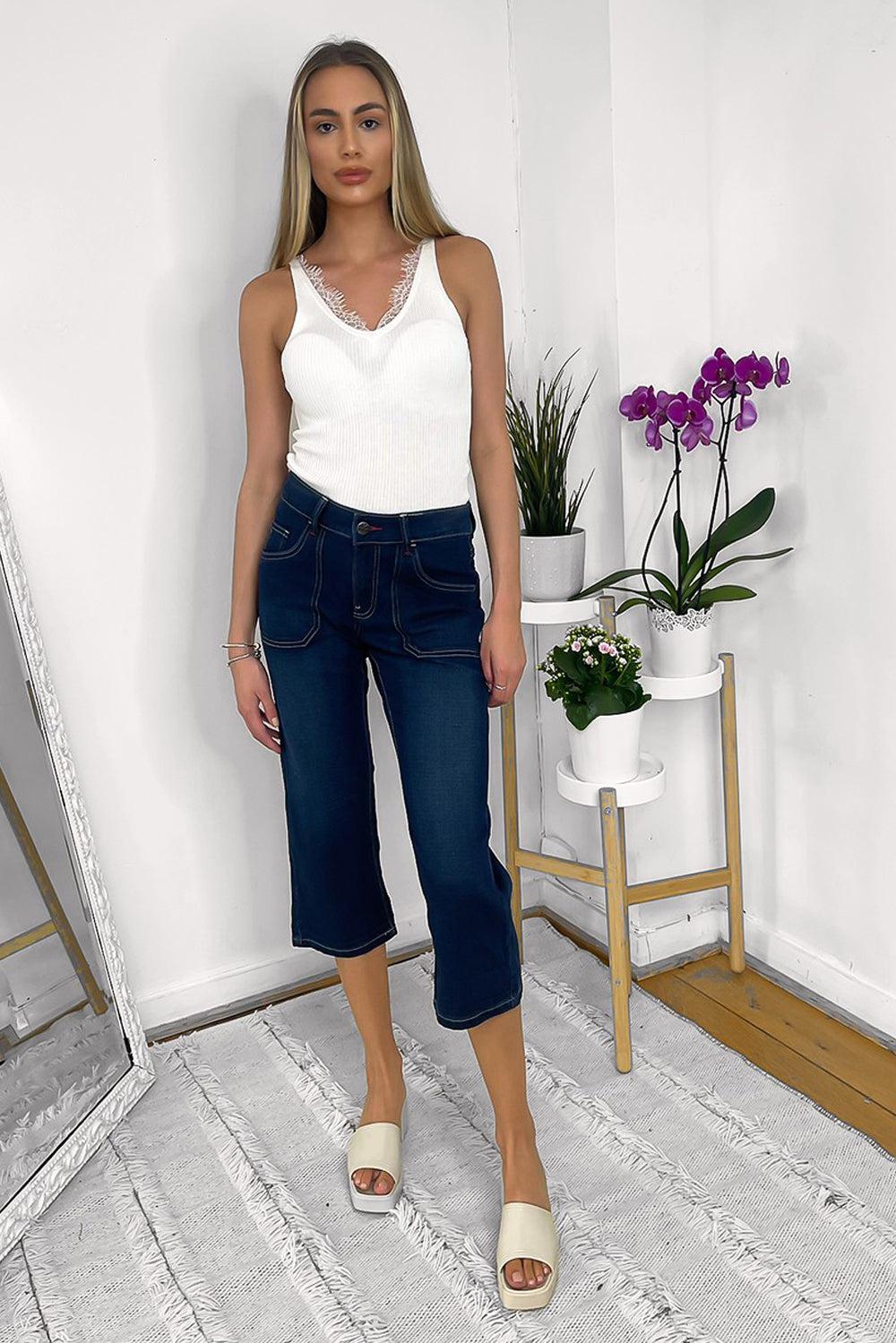 Contrast Stitch Large Pockets Cropped Jeans-SinglePrice
