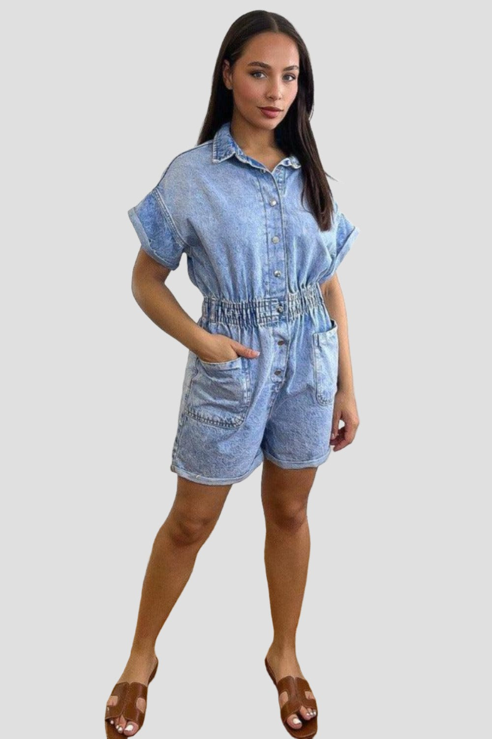 Bleached Denim Effect Elastic Waist Playsuit-SinglePrice