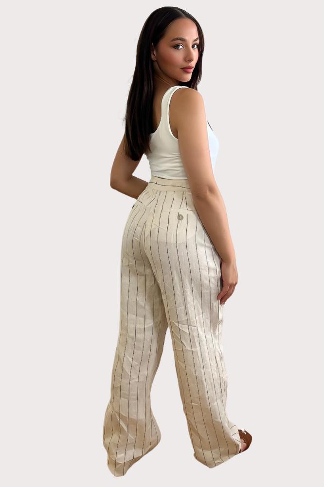 Beige Pinstripe Linen Smart Trousers-SinglePrice