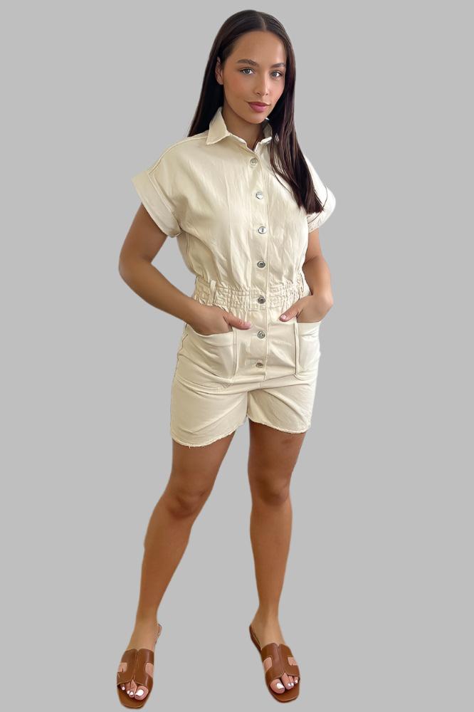 Beige 100% Cotton Denim Silver Hardware Playsuit-SinglePrice