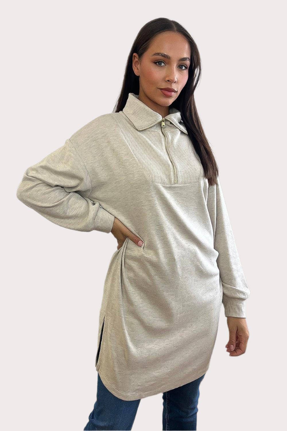 High Zipped Neck Longline Thin Pullover-SinglePrice