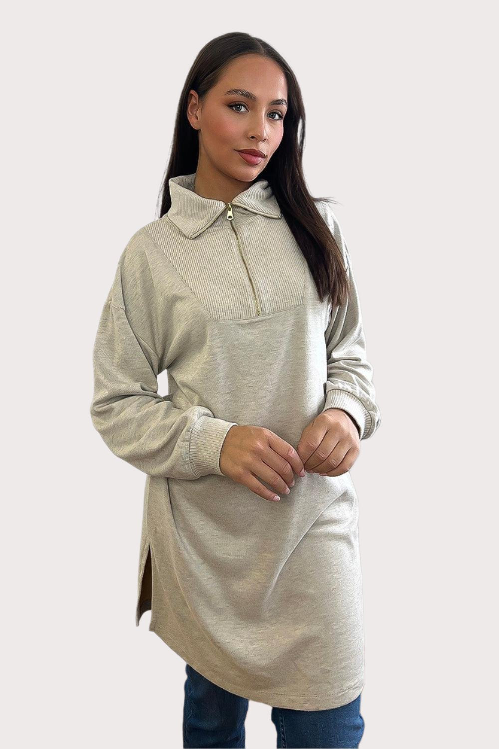 High Zipped Neck Longline Thin Pullover-SinglePrice