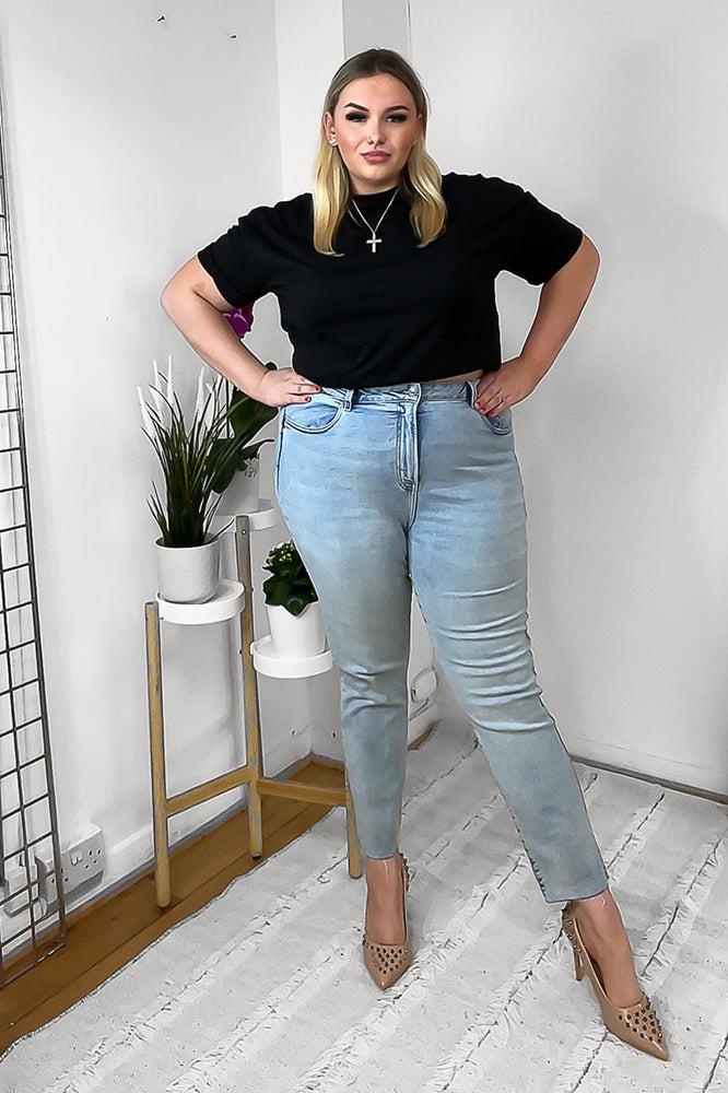 Sky Blue Cotton Denim Raw Hem Jeans-SinglePrice