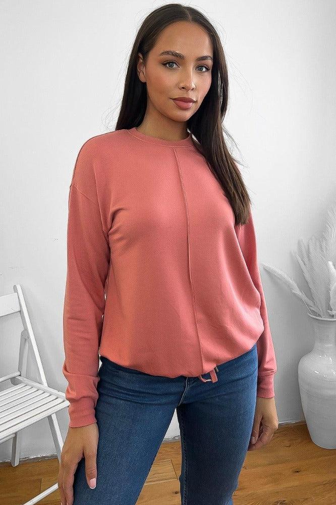 Pink Drawstring Hem Sweatshirt-SinglePrice