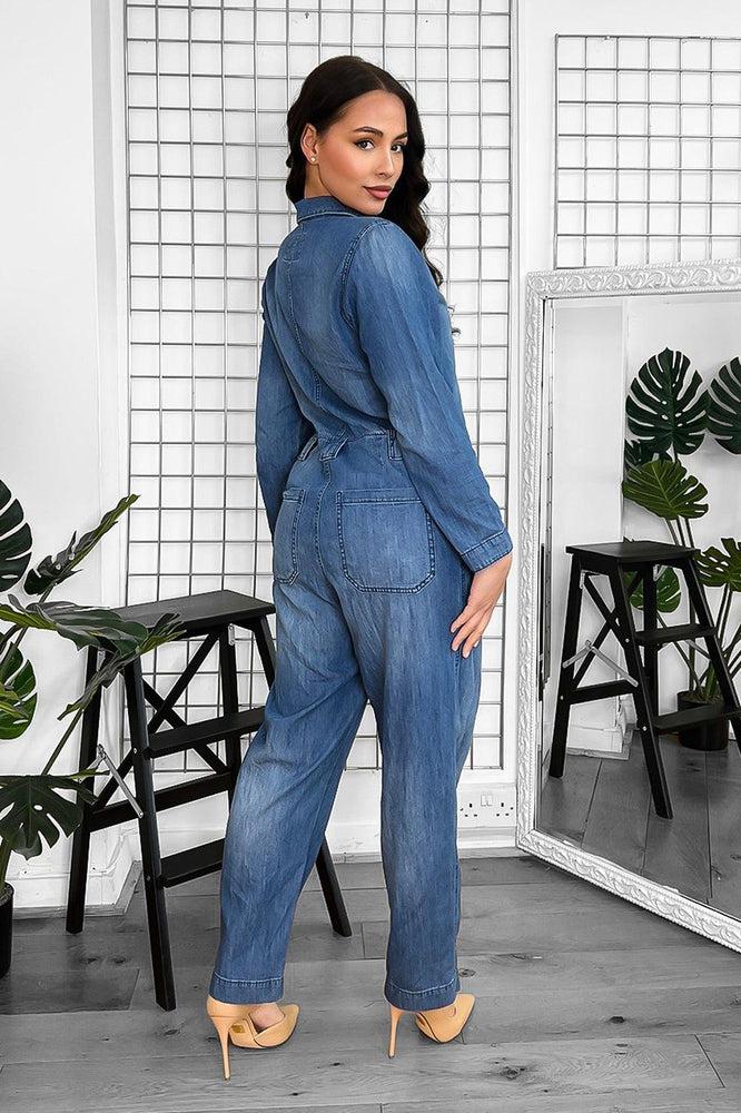 Washed Faded Denim Smart Collar Jumpsuit-SinglePrice