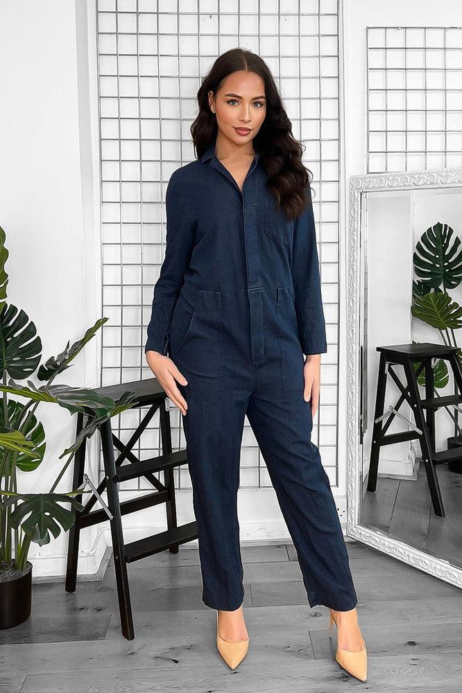 Washed Faded Denim Smart Collar Jumpsuit-SinglePrice