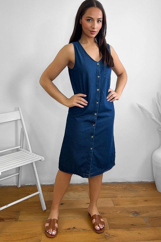 100% Cotton Sleeveless Denim Midi Dress-SinglePrice