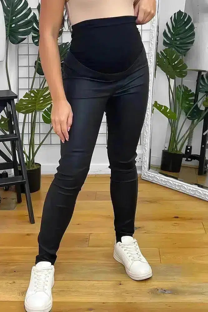 Black Maternity Leather Coated Trousers-SinglePrice