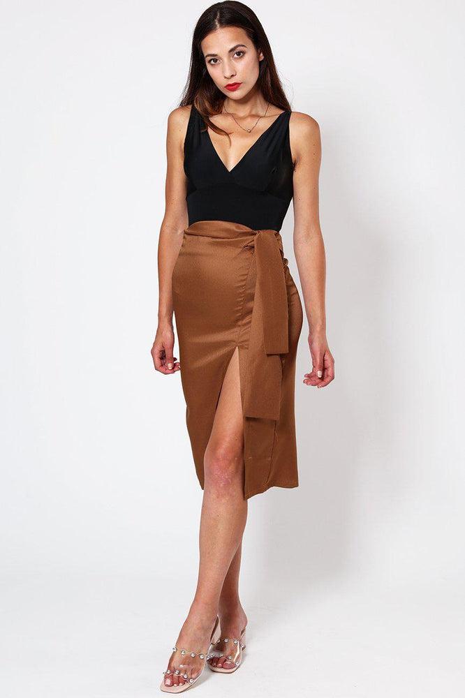 Brown Belted Slit Pencil Skirt-SinglePrice