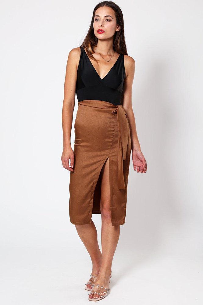 Brown Belted Slit Pencil Skirt-SinglePrice