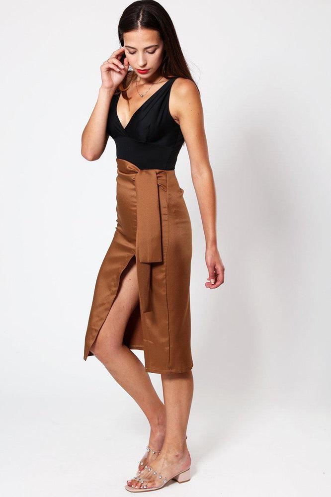 Brown Belted Slit Pencil Skirt-SinglePrice