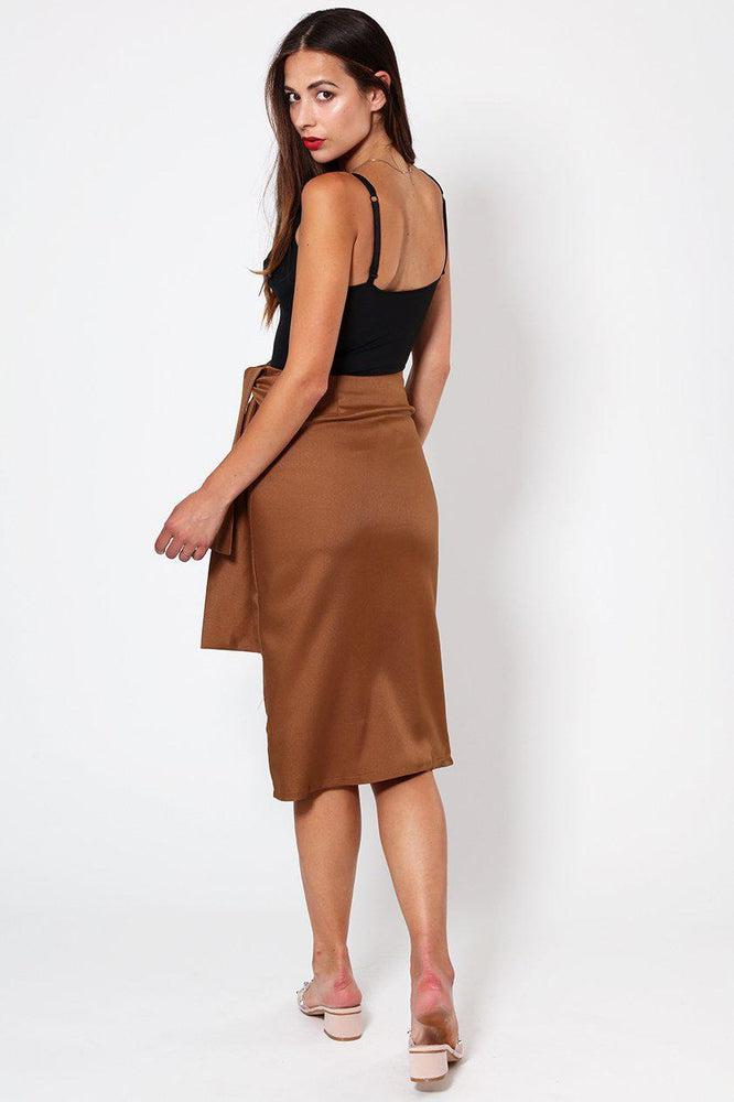 Brown Belted Slit Pencil Skirt-SinglePrice