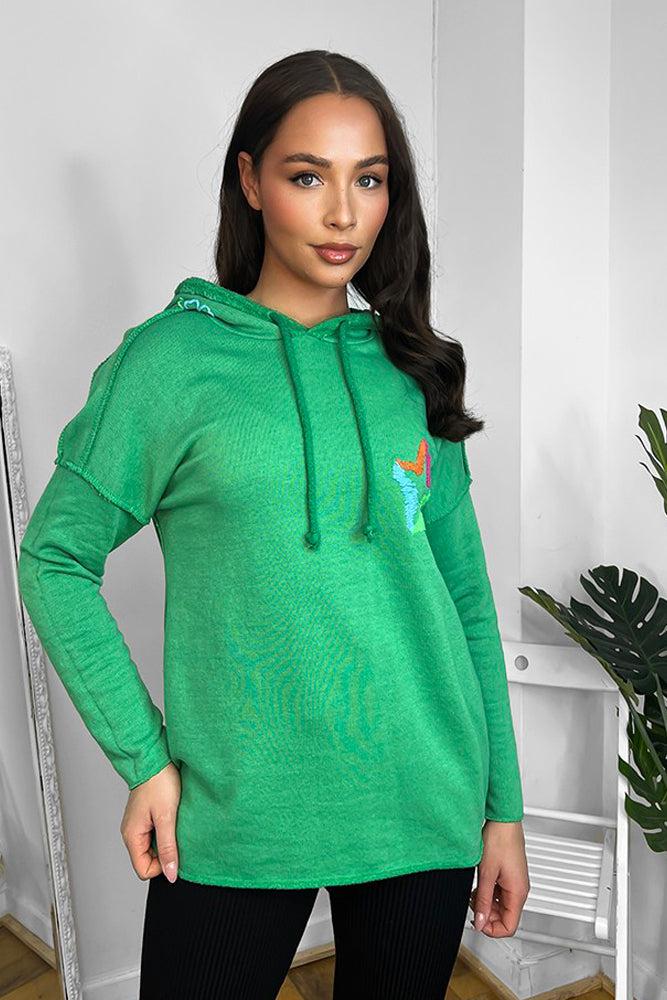 Green Cotton Blend Star Detail Hoodie-SinglePrice