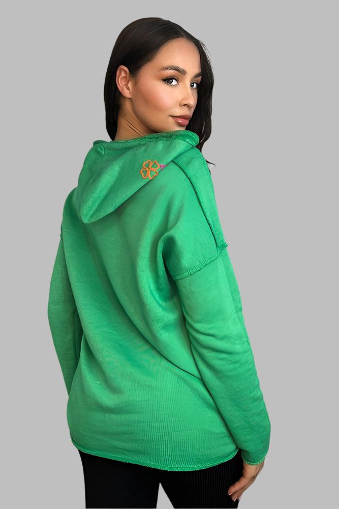 Green Cotton Blend Star Detail Hoodie-SinglePrice