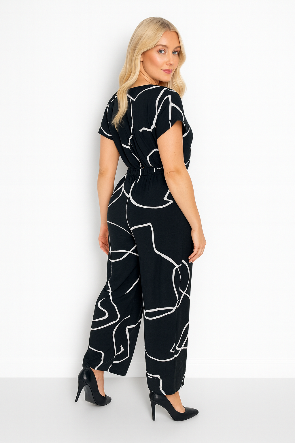 Low-Cut Short Sleeve Tie Waist Straight Leg Viscose Blend All Over Print Jumpsuit