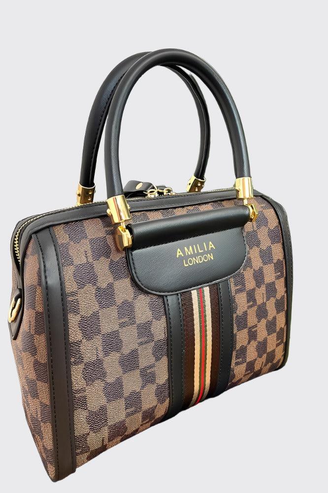Contrast Stripe Logotype Print Vegan Leather Bowler Bag-SinglePrice