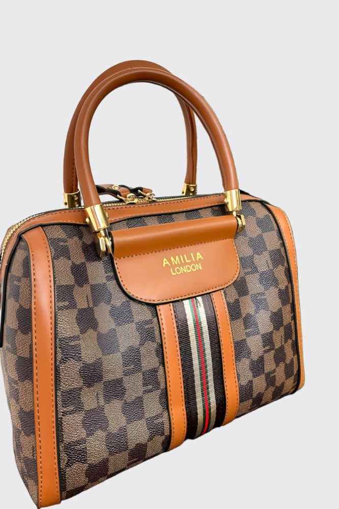 Contrast Stripe Logotype Print Vegan Leather Bowler Bag-SinglePrice
