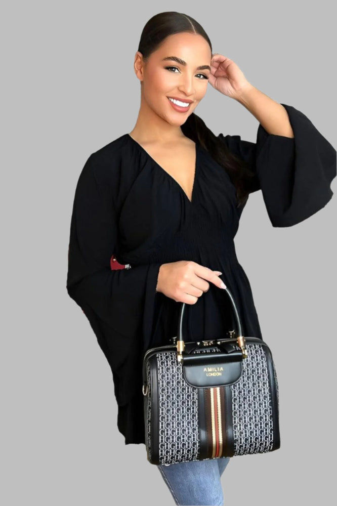 Contrast Stripe Logotype Print Vegan Leather Bowler Bag-SinglePrice