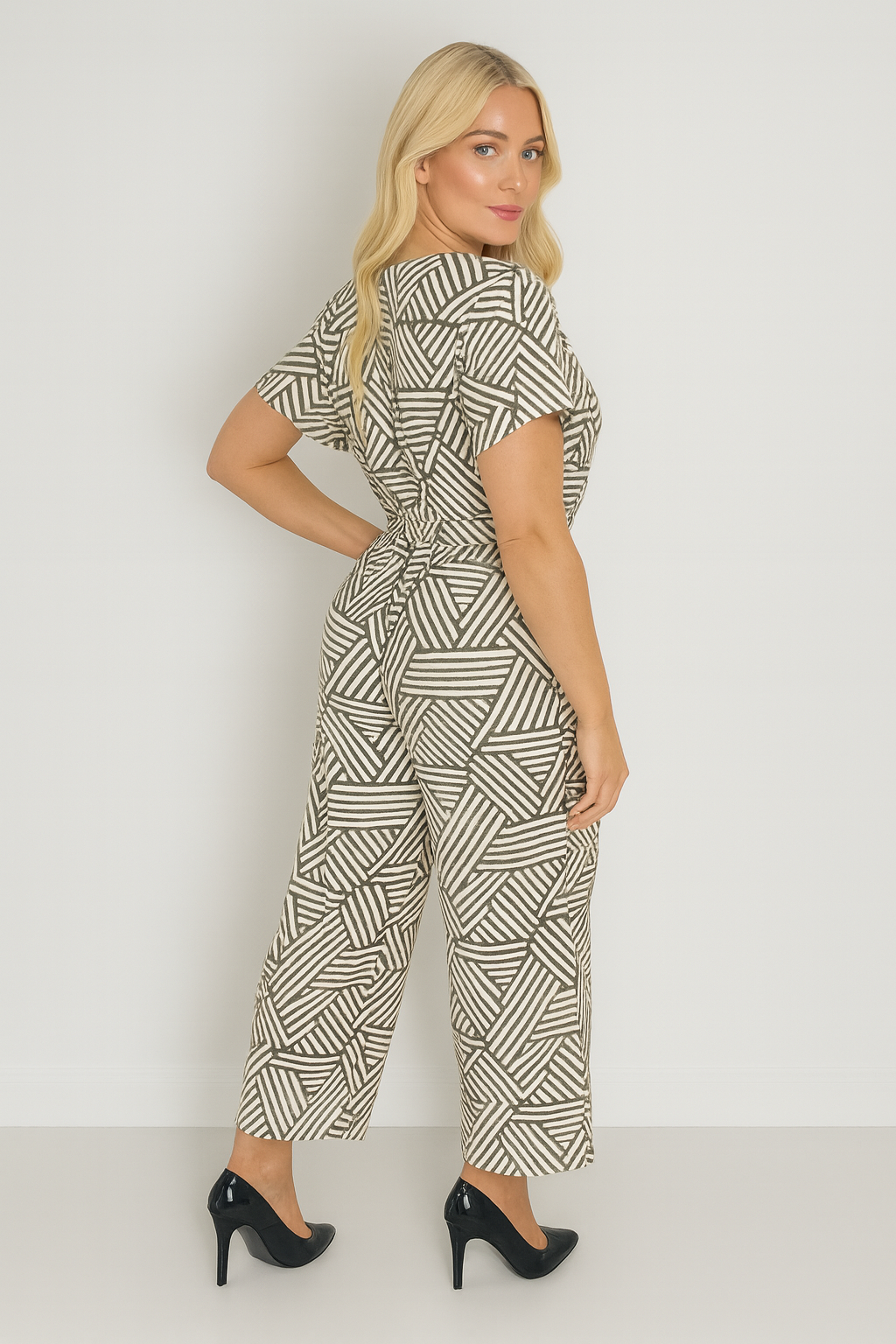 Low-Cut Short Sleeve Tie Waist Straight Leg Viscose Blend All Over Print Jumpsuit