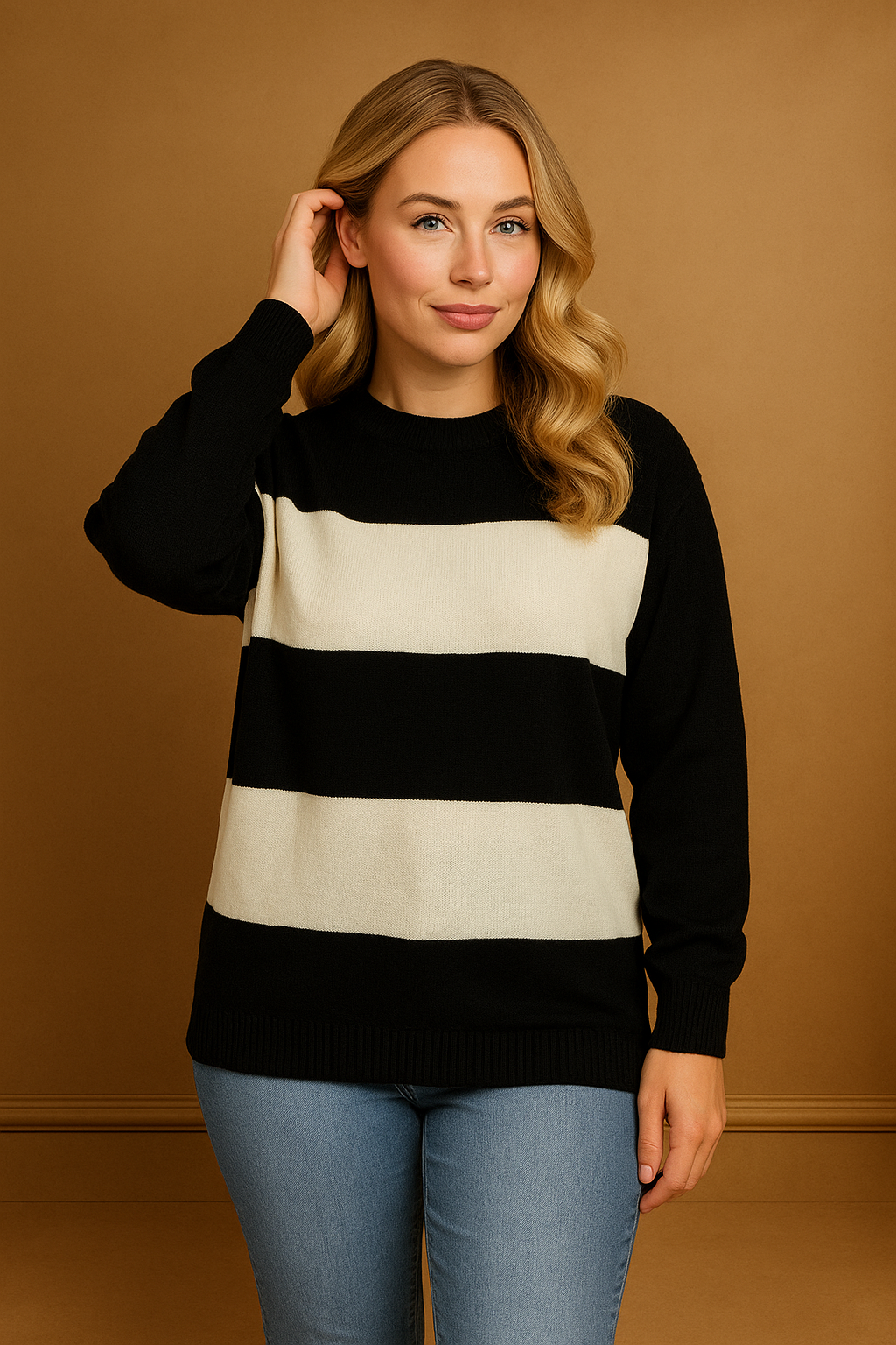 Stripe Colour Block Basic Knitted Sweatshirt