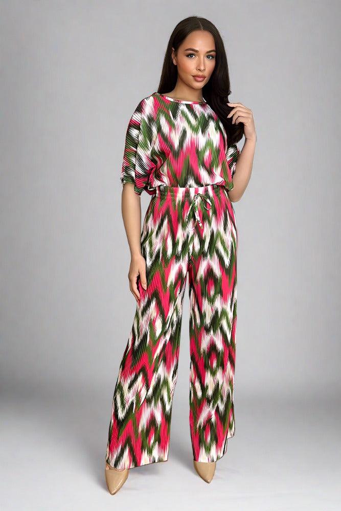 Multicolour Zig Zag Pattern Plisse Top And Trousers Set-SinglePrice