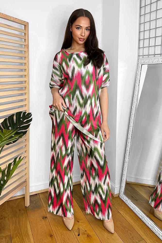 Multicolour Zig Zag Pattern Plisse Top And Trousers Set-SinglePrice