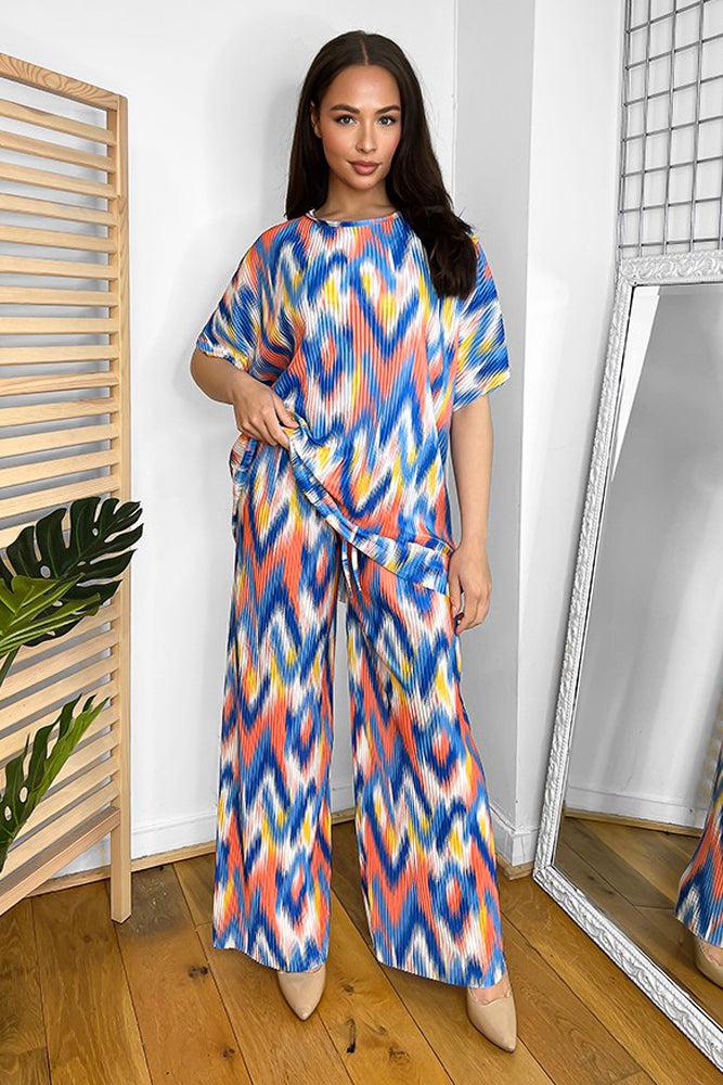 Multicolour Zig Zag Pattern Plisse Top And Trousers Set-SinglePrice