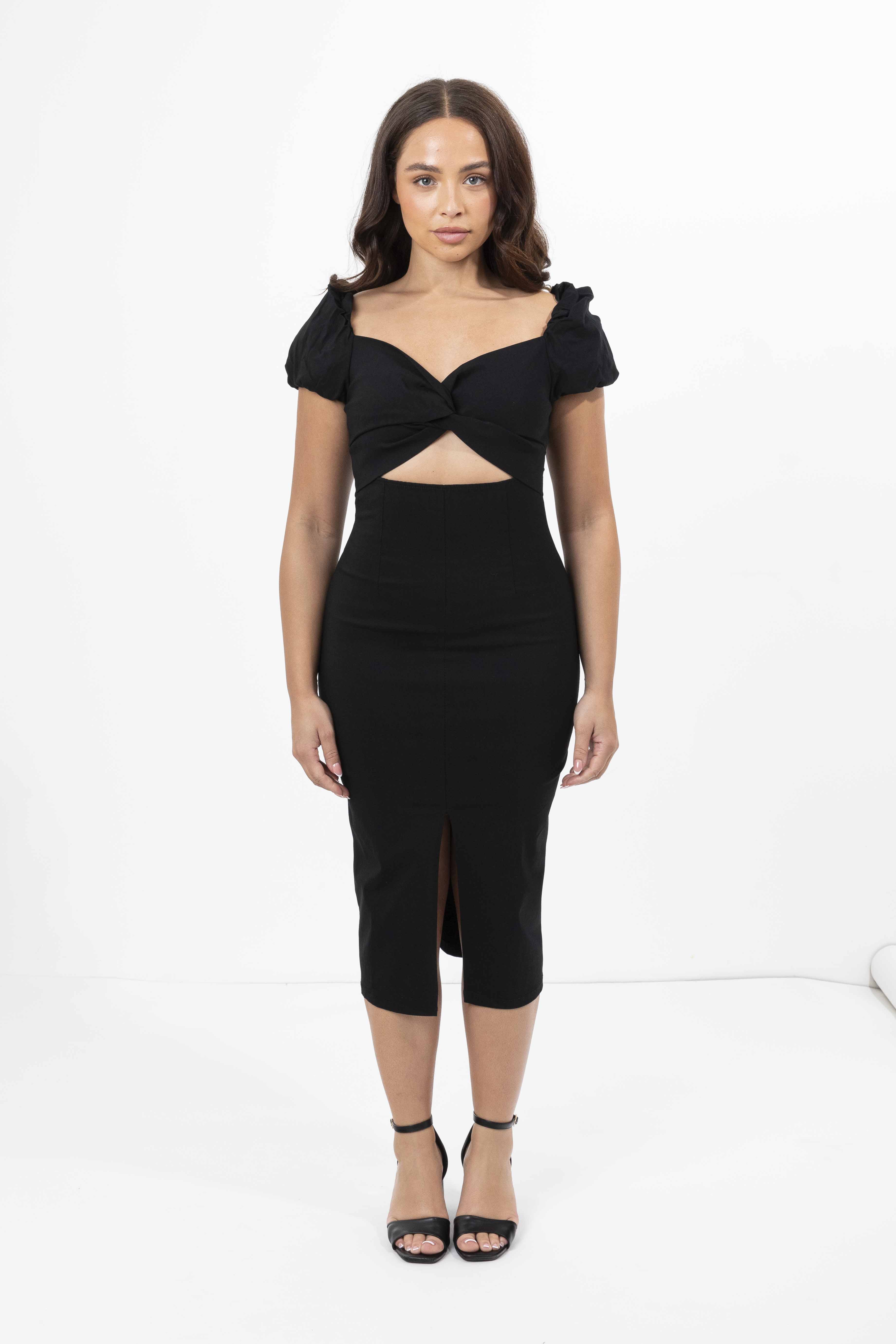 Viscose Blend Puff Off Shoulder Front Slit Peekaboo Dress