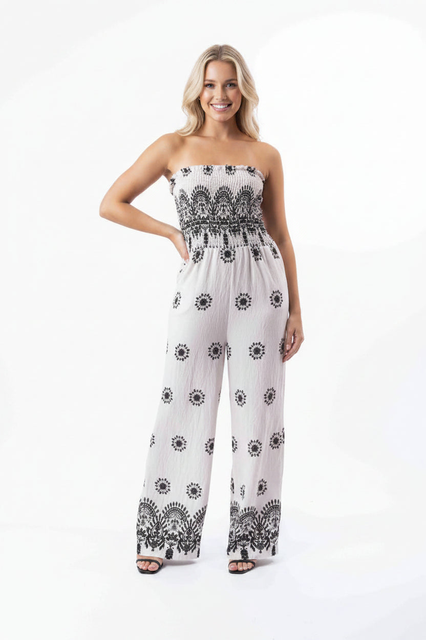 Viscose Blend Printed Wide Leg Strapless Summer Jumpsuit