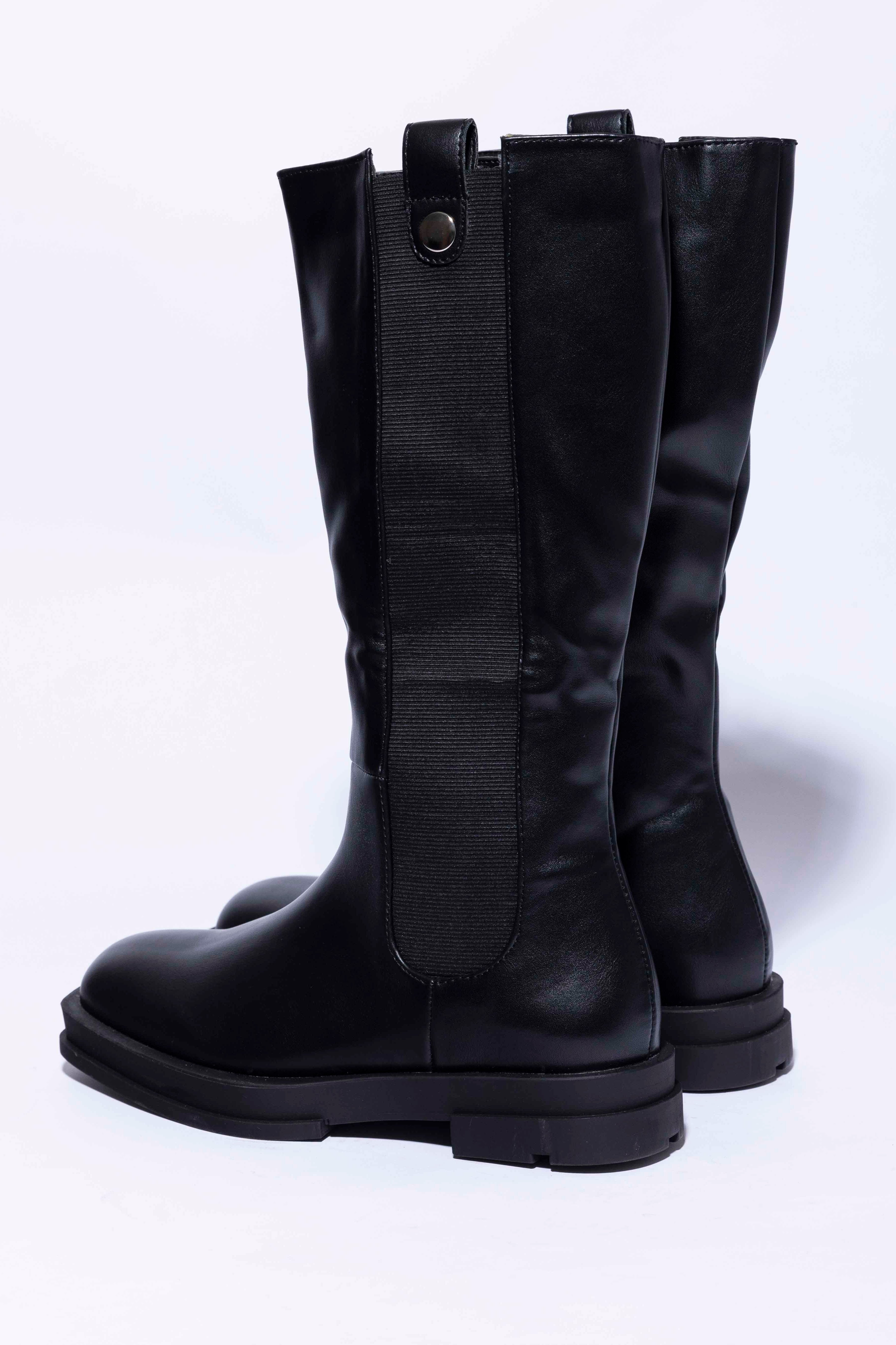 Vegan Leather Square Toe Elasticated Embellished Detail Black Boots